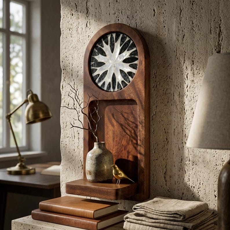 May include: A wooden wall shelf with a decorative circular inlay featuring a white and black floral design. The shelf holds a small vase with a branch, a gold bird figurine, and a lower shelf with books.