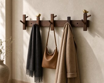 Solid Walnut Coat Rack with Brass Bird, Entryway Organizer, Minimalist Luxury Wall Hook, Wooden Branch Hanger, Mid Century Decor