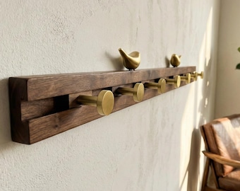 Solid Walnut Coat Rack with Adjustable Sliding Hooks & Brass Birds | Customizable Entryway Hanger Entryway Organizer