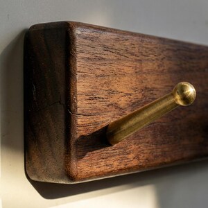 May include: Close-up of a wooden wall hook with a brass hook. The wood is a dark brown color with visible grain. The brass hook is cylindrical with a rounded end. The hook is mounted on a rectangular wooden base.