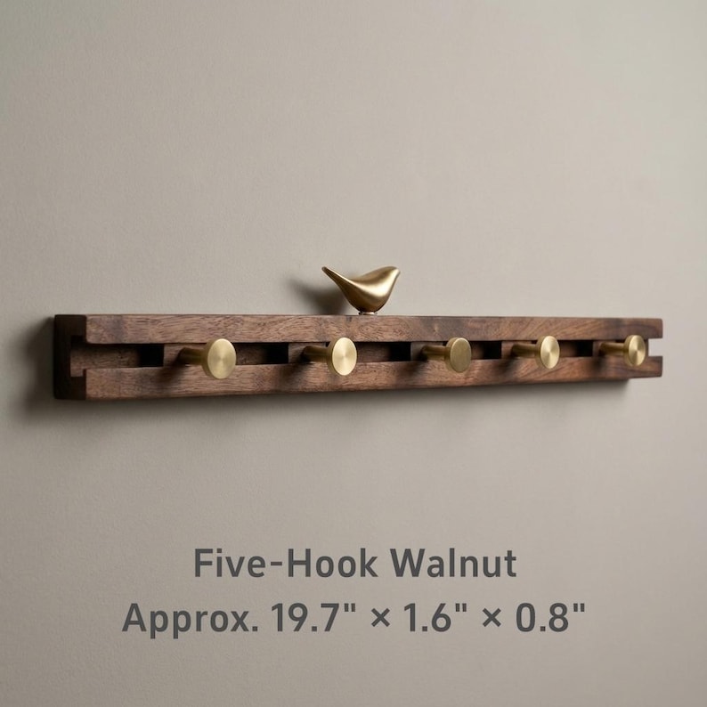 Kapphängare i massiv valnöt med justerbara skjutbara krokar och mässingsfåglar | Anpassningsbar entréhängare Five-Hook Walnut
