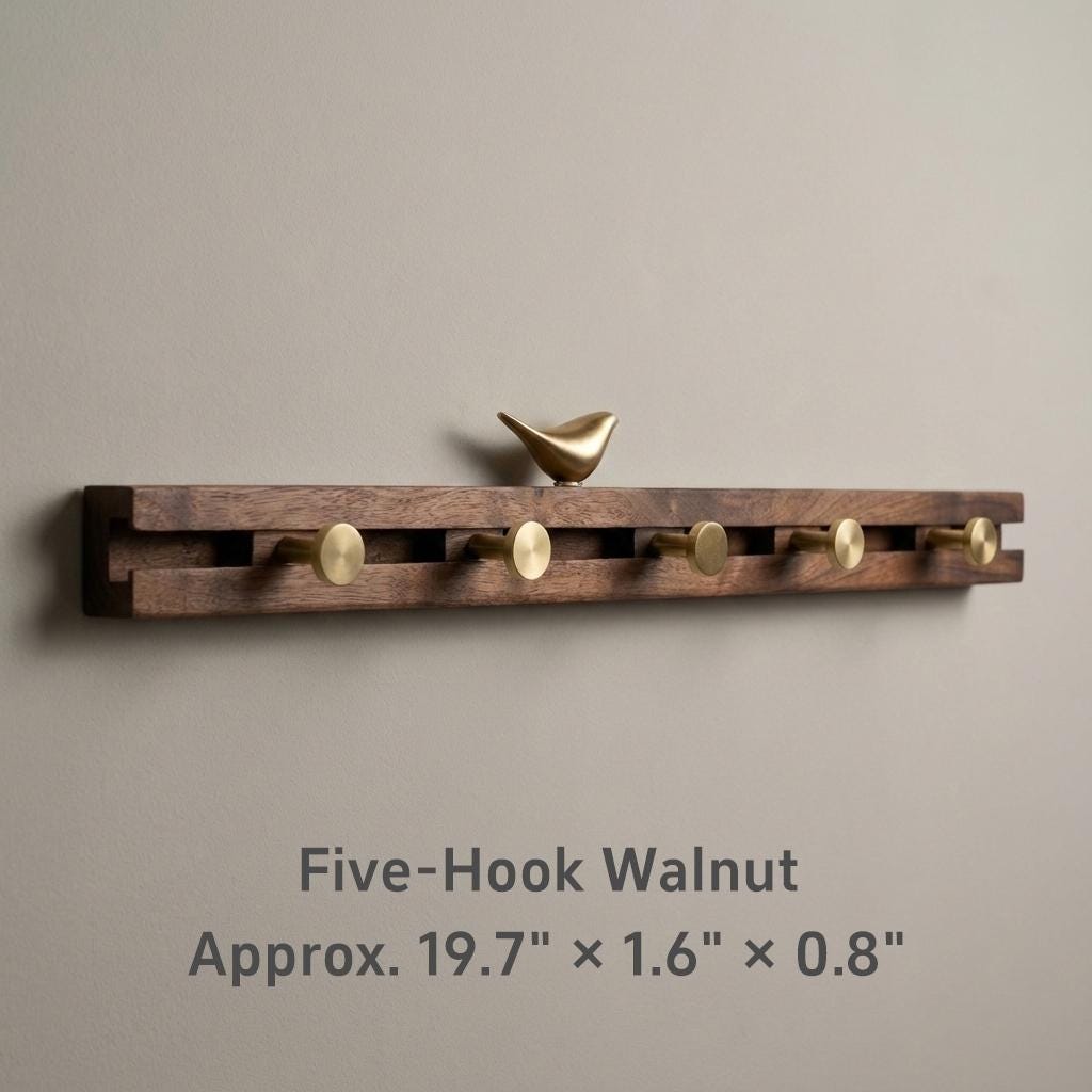 Solid Walnut Coat Rack With Adjustable Sliding Hooks & Brass Birds