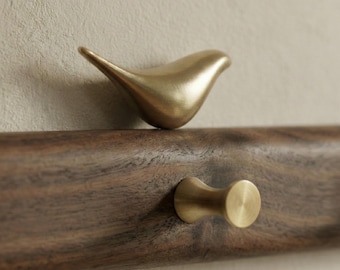Solid Walnut Coat Rack with Hooks & Brass Birds | Customizable Entryway Hanger Entryway Organizer