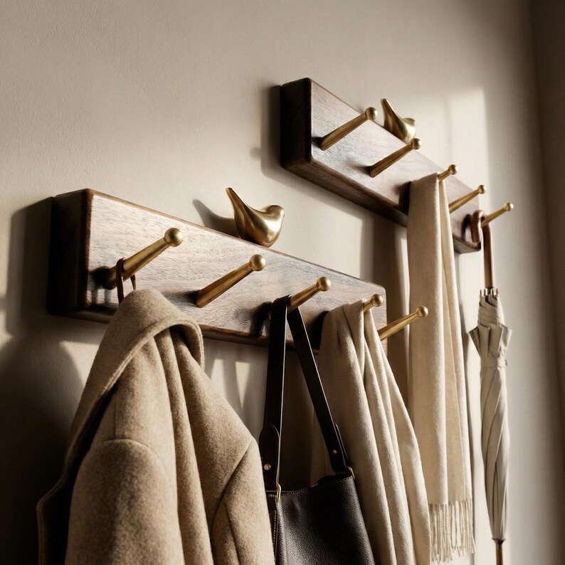 May include: Two wooden wall-mounted coat racks with brass hooks and decorative bird accents. One rack holds a beige coat, a black bag, and a cream scarf. The other holds a cream scarf and a striped umbrella.