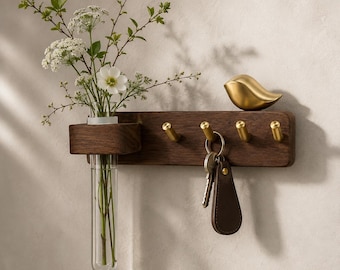 Walnut Key Holder for Wall | Minimalist Entryway Organizer with Glass Propagation Station | Centered Brass Bird Hook | Ikebana Wood Rack