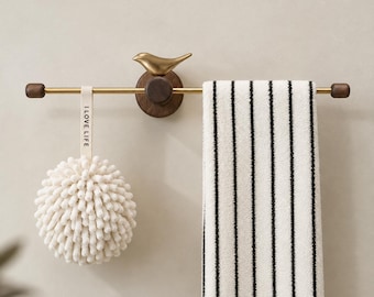 North American Walnut and Brass Towel Bar with Bird Decor, Sliding Bathroom Wall Rack, No Drill Towel Holder, Mid Century Modern Bath