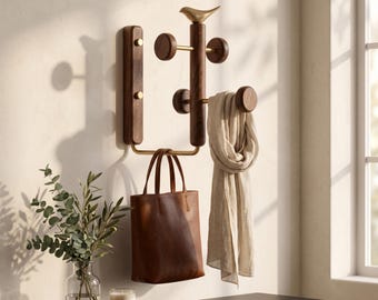 Mid Century Walnut Coat Rack with Brass Bird, Rotating Entryway Wall Hook, Wood and Gold Handbag Hanger, Sliding Luxury Mudroom Organizer