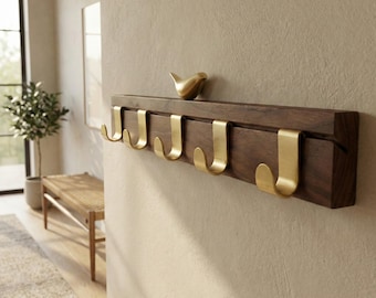 Black Walnut Brass Bird Wall Hook | Modular Entryway Coat Rack | Japandi Decor