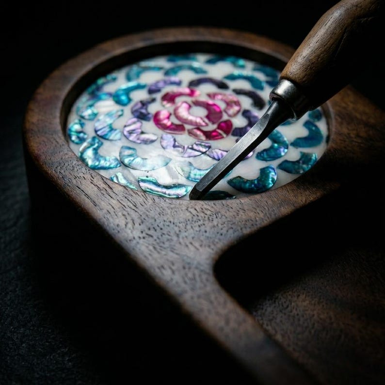 May include: A wooden craft with a carved floral design inlaid with iridescent abalone shell pieces. A carving tool rests on the surface, suggesting the piece is in progress. The wood has a rich, dark brown color.