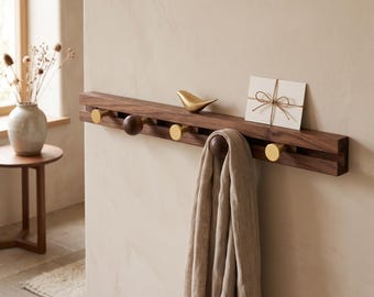 Solid Black Walnut Sliding Coat Rack | Mid Century Brass Hooks & Bird Decor | Adjustable Custom Entryway Organizer