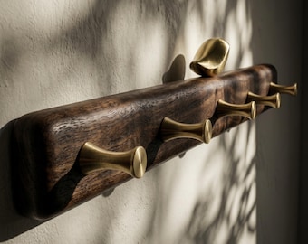 Solid Walnut Coat Rack | Brass Bird Wall Hooks | Japandi Entryway Decor | Mid Century Modern Wood Hanger | Luxury Housewarming Gift
