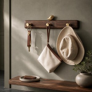 May include: A dark wood wall-mounted coat rack with three brass hooks and a small brass bird ornament on top. Hanging from the hooks are a leather keychain, a beige canvas pouch with a brown leather strap, and a beige fabric sun hat.