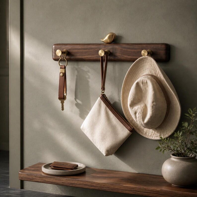 May include: A dark wood wall-mounted coat rack with three brass hooks and a small brass bird ornament on top. Hanging from the hooks are a leather keychain, a beige canvas pouch with a brown leather strap, and a beige fabric sun hat.