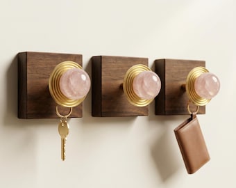 crystal wall hook | Rose Quartz | Walnut Wood Brass Coat Hanger | Healing Crystal Decor Gift for Her