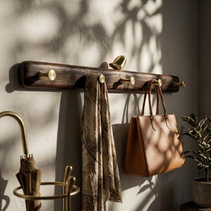 May include: A horizontal dark wood wall-mounted coat rack featuring five brass-colored metal hooks and a small brass bird figurine perched on top. A patterned beige scarf and a tan leather handbag are hanging from the hooks on the rack.