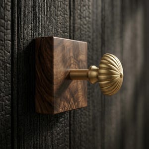 May include: A wooden door knob with a square base and a fluted, brass-colored handle. The wood grain is visible on the square base. The door knob is mounted on a dark wooden door.