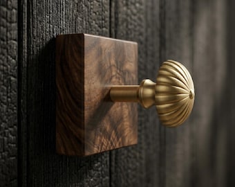 Solid Walnut Wall Hook with Fluted Brass Knob | Japandi Entryway Coat Hanger | Mid Century Modern Towel Peg | Minimalist Luxury Hardware