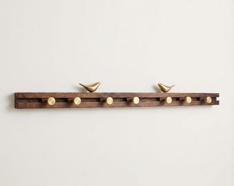 Solid Walnut Coat Rack With Adjustable Sliding Hooks & Brass Birds
