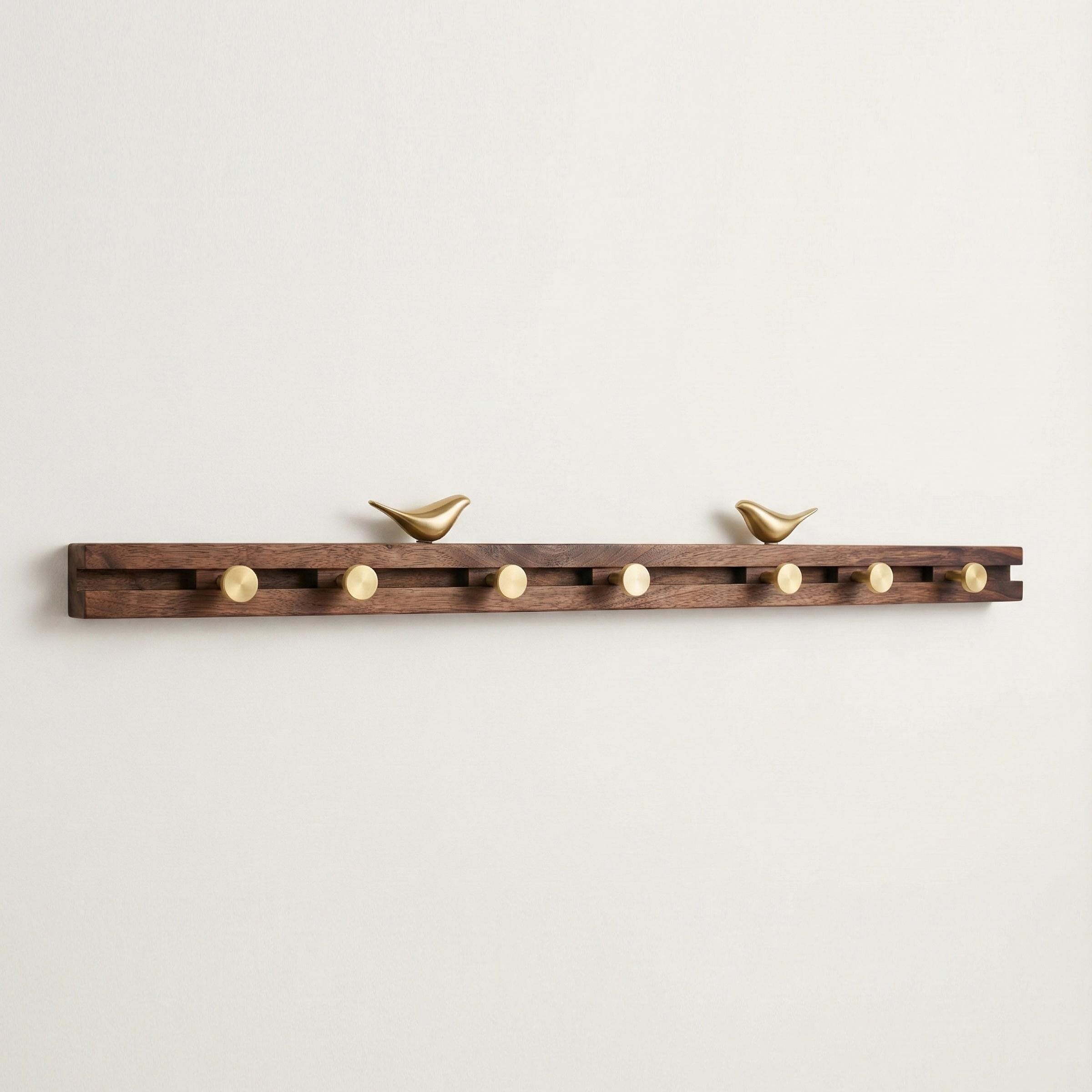 Solid Walnut Coat Rack With Adjustable Sliding Hooks & Brass Birds