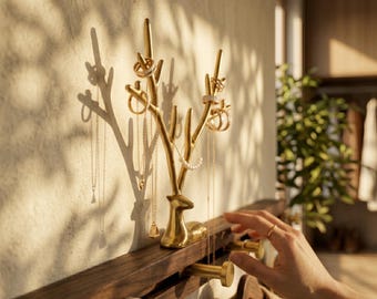 Solid Walnut Coat Rack Walnut Brass Coat Rack with Antler Jewelry Holder, Sliding Wall Hooks