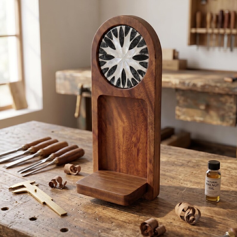May include: A handcrafted wooden display stand with a decorative inlaid design. The stand features a circular inlay with a starburst pattern. The stand is made of dark wood and sits on a wooden workbench with tools and a bottle of walnut oil.