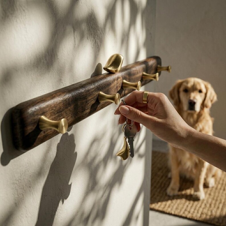 May include: A horizontal dark wood wall-mounted rack featuring five polished brass hooks. The rack includes a small brass bird figurine perched on the top edge. The hooks are designed for hanging items such as keys, which are shown being placed.