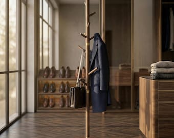 Black Walnut Mid Century Coat Rack – Solid Wood Sculpture with Brass Bird, Limited Edition