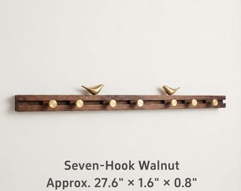 Solid Walnut Coat Rack With Adjustable Sliding Hooks & Brass Birds