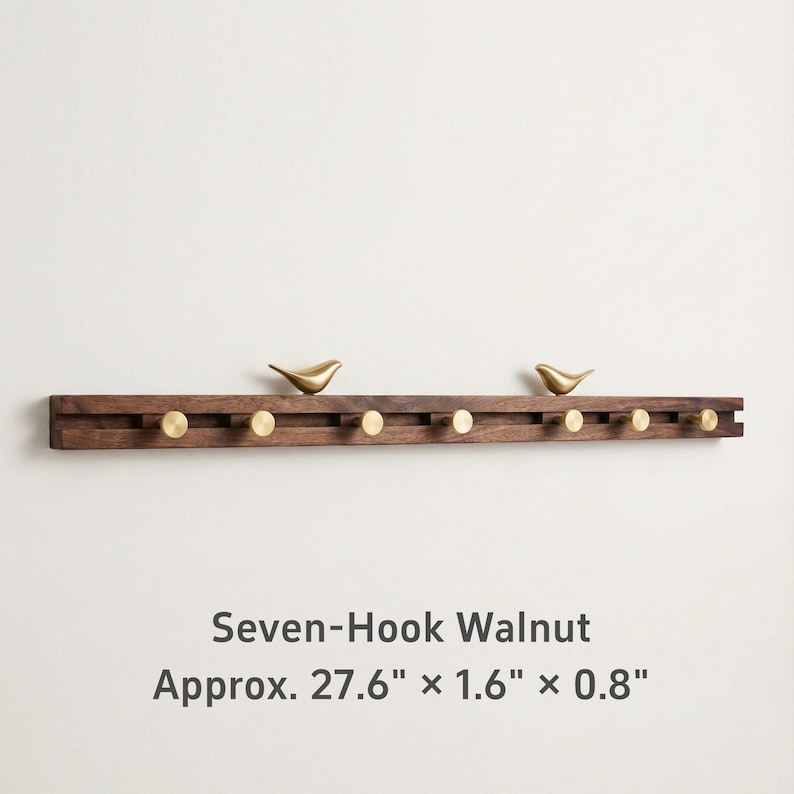 Kapphängare i massiv valnöt med justerbara skjutbara krokar och mässingsfåglar | Anpassningsbar entréhängare Seven-Hook Walnut