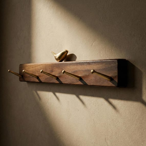 Solid Walnut Coat Rack Hooks & Brass Birds | Customizable Entryway Hanger Entryway Organizer