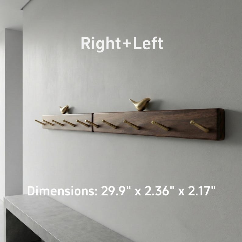 May include: A dark brown wooden wall-mounted coat rack with brass hooks and decorative bird figurines. The rack is rectangular and features multiple hooks for hanging items. The text "Right+Left" is above the rack.