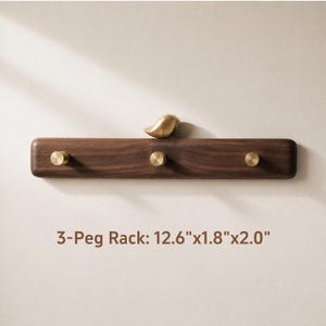 Solid Walnut Coat Rack | Brass Bird Wall Hooks | Japandi Entryway Decor | Mid Century Modern Wood Hanger | Luxury Housewarming Gift 3-Peg Rack