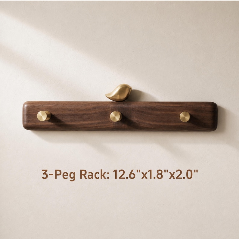 Solid Walnut Coat Rack | Brass Bird Wall Hooks | Japandi Entryway Decor | Mid Century Modern Wood Hanger | Luxury Housewarming Gift 3-Peg Rack