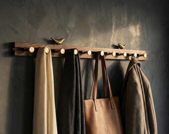 Mid Century Modern Walnut Coat Rack | Brass Bird & Sliding Hooks