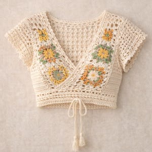 May include: Cream-colored crochet crop top with a V-neck and short sleeves. The top features floral designs in yellow, orange, and green. A drawstring with tassels is at the waist. A handmade, bohemian style.
