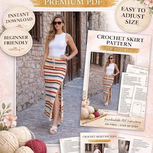 Puede incluir: Imagen de un patrón de falda de ganchillo con el texto "CROCHET SKIRT PATTERN" y "PREMIUM PDF". La imagen muestra a una mujer con una falda de ganchillo a rayas. El patrón es apto para principiantes y fácil de ajustar.