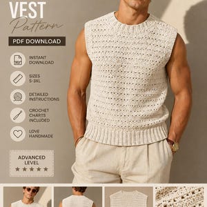 Peut inclure: Un gilet sans manches en crochet de couleur crème avec un col rond et un ourlet côtelés, présentant un motif de points ajourés horizontaux répétés. Le patron numérique inclut des instructions pour les tailles S-3XL et des diagrammes.