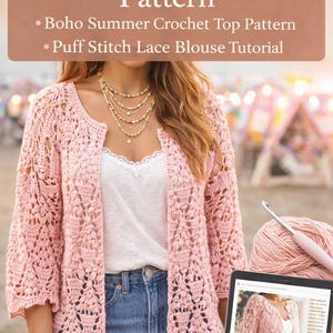 May include: A pink crochet lace cardigan with a white top and denim shorts. The image includes a ball of yarn, a crochet hook, and a tablet displaying the pattern. Text on the image reads "Crochet Lace Cardigan Pattern".
