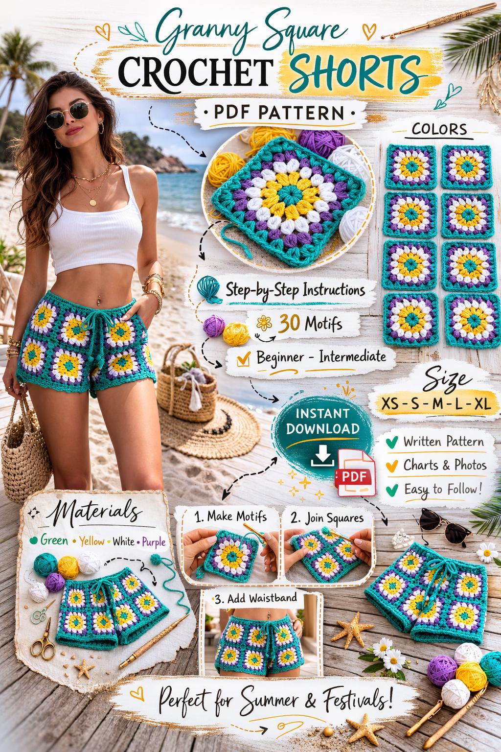 38 Women’s Crochet Shorts Patterns To Make Before Summer Hits 32 Boho Granny Square Shorts