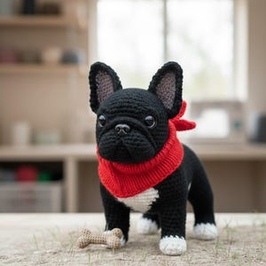 Puede incluir: Un perro bulldog francés negro y blanco tejido con una bufanda roja y un hueso beige. El perro tiene patas blancas y un pecho blanco. La imagen incluye el texto "DIGITAL DOWNLOAD PDF PATTERN".
