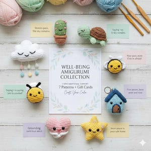 May include: A selection of crocheted amigurumi characters, such as a cloud, cactus, turtle, bee, house, heart, and star. The figures are in various colours and are displayed around a card that says "Well-Being Amigurumi Collection".