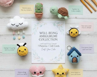 7 patrones de crochet para apoyo emocional en PDF, paquete de mini peluches de confort, conjunto de compañero de escritorio