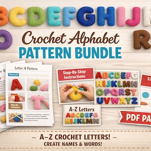 Może przedstawiać: Kolorowy zestaw wzorów alfabetu szydełkowego z literami w różnych kolorach. Obraz zawiera instrukcje krok po kroku, przewodnik i wzór PDF. Tekst brzmi "Crochet Alphabet Pattern Bundle" i "A-Z Crochet Letters! Create Names & Words!"