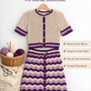 Pode incluir: Um padrão de crochê para um conjunto de saia e blusa. A blusa tem botões com acabamentos roxos, e a saia apresenta um padrão de zigue-zague. O texto na imagem diz "Crochet Skirt & Blouse Pattern" e "Easy to Follow!"