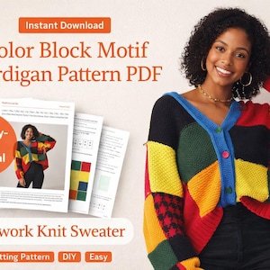 Op de afbeelding: Een kleurrijk patchwork gebreid vest met een V-hals en knoopsluiting. De trui heeft een mix van rode, gele, groene en zwarte blokken. De afbeelding toont ook een "Color Block Motif Cardigan Pattern PDF" met een stapsgewijze tutorial.