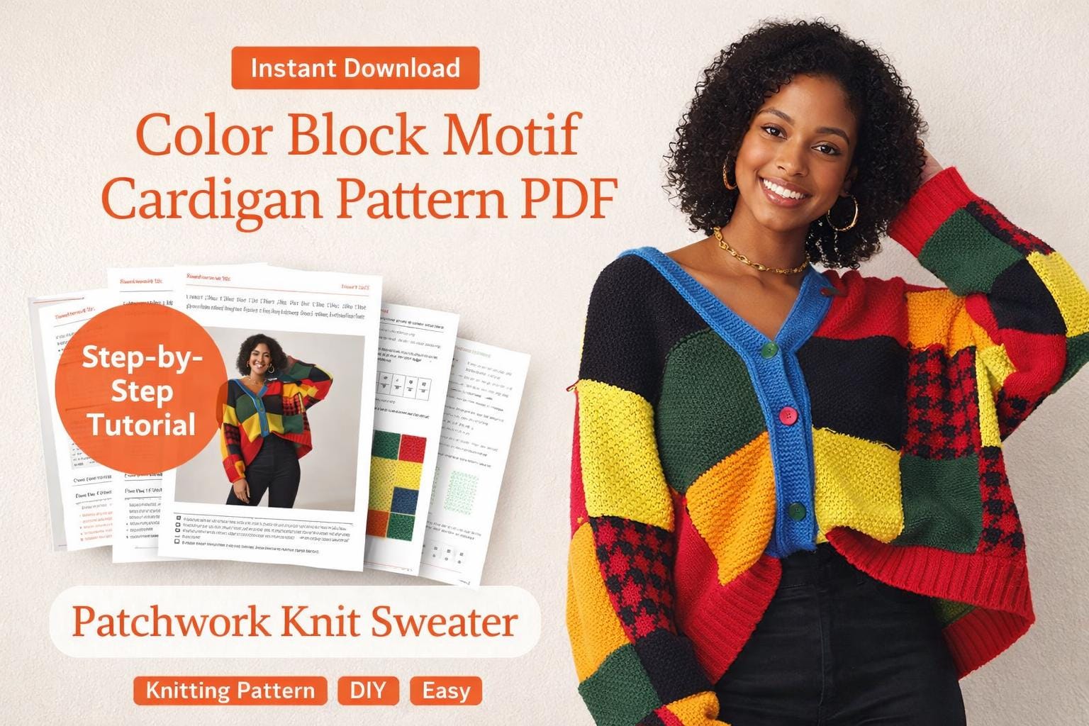 Color Block Cardigan Knitting Pattern PDF, Cozy Patchwork Sweater ...