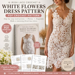 Peut inclure: Une robe en dentelle florale blanche et un livre de patrons de crochet. La couverture du livre indique "Irish Lace Crochet White Flowers Dress Pattern". Le patron comprend des instructions étape par étape, des photos et des diagrammes. La robe est faite à la main avec amour et est de taille S/M.