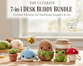 Paquete de 7 patrones de crochet para escritorio: compañero de escritorio, amigurumi de apoyo emocional (descarga en PDF).