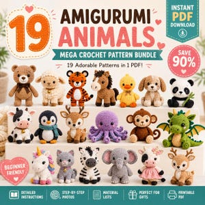 Amigurumi-mönster för virkad djur i PDF-format, nybörjarvänlig samling plyschleksaker, direktnedladdning