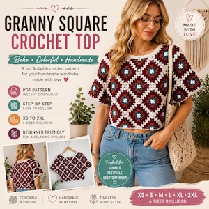 May include: A short-sleeved crochet top featuring a repeating granny square pattern in maroon, white, and teal. The garment has a round neckline and a cropped length. The text on the image reads GRANNY SQUARE CROCHET TOP, XS TO 2XL, and MADE WITH LOVE.